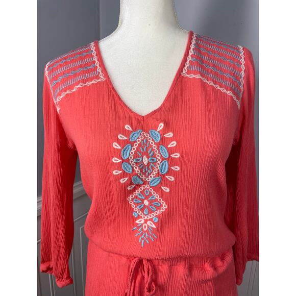 THML, Size Medium, Coral Pink Boho Dress, Tassels, Embroidered, Lined, Mini - Picture 2 of 8